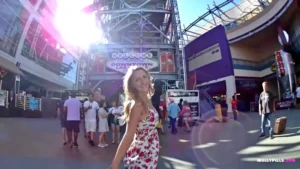 Risky slut wears butt plug upskirt and masturbates in public